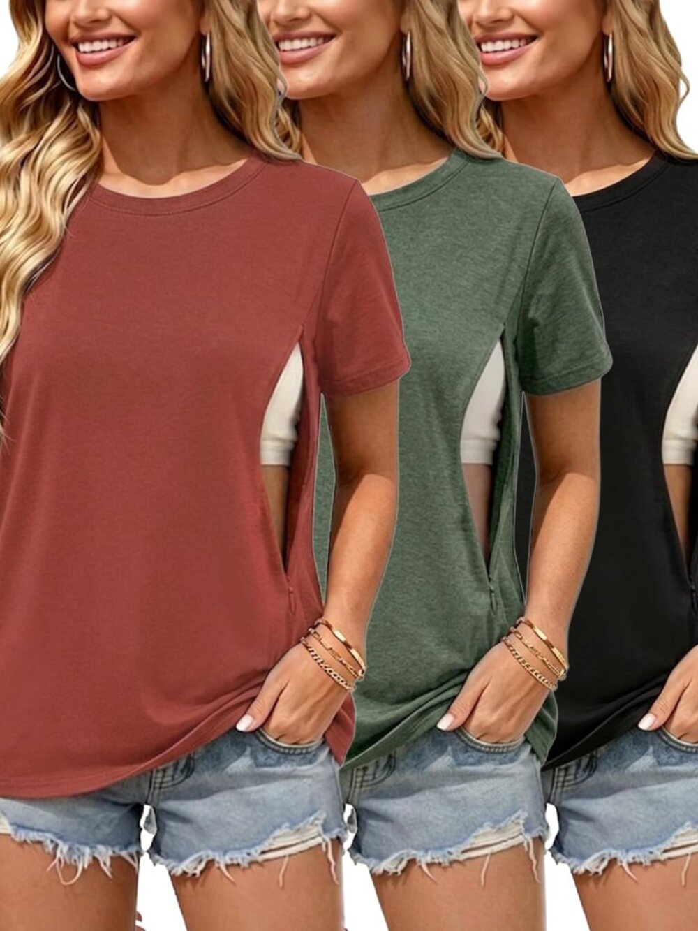 Ecavus Women's 3-Pack Nursing Shirts for Breastfeeding with Hidden Zippers Loose